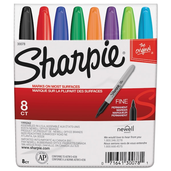 Sharpie Fine Tip Permanent Marker, Fine Bullet Tip, Assorted Colors, PK8 30078 - main